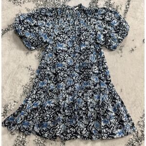 Love The Label Dress Women S Blue Smocked High Neck Puff Sleeve Mini Boho Cotton